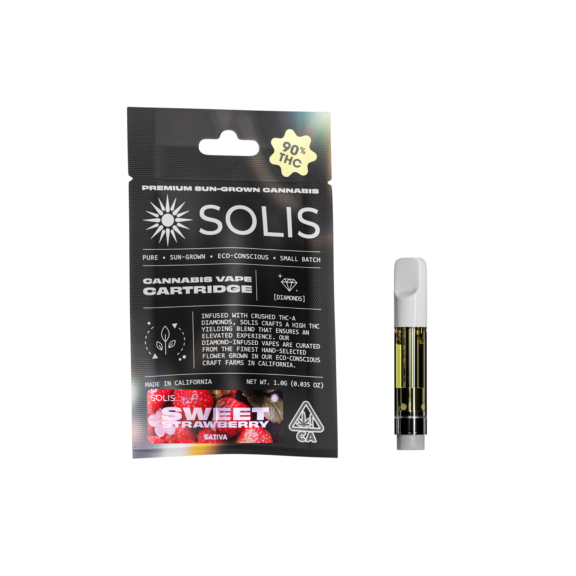 A photograph of Solis Diamond Enhanced Cartridge 1g Sativa Sweet Strawberry