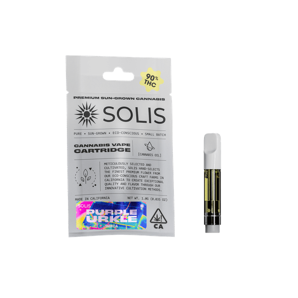 A photograph of Solis Cartridge 1g Indica Purple Urkle