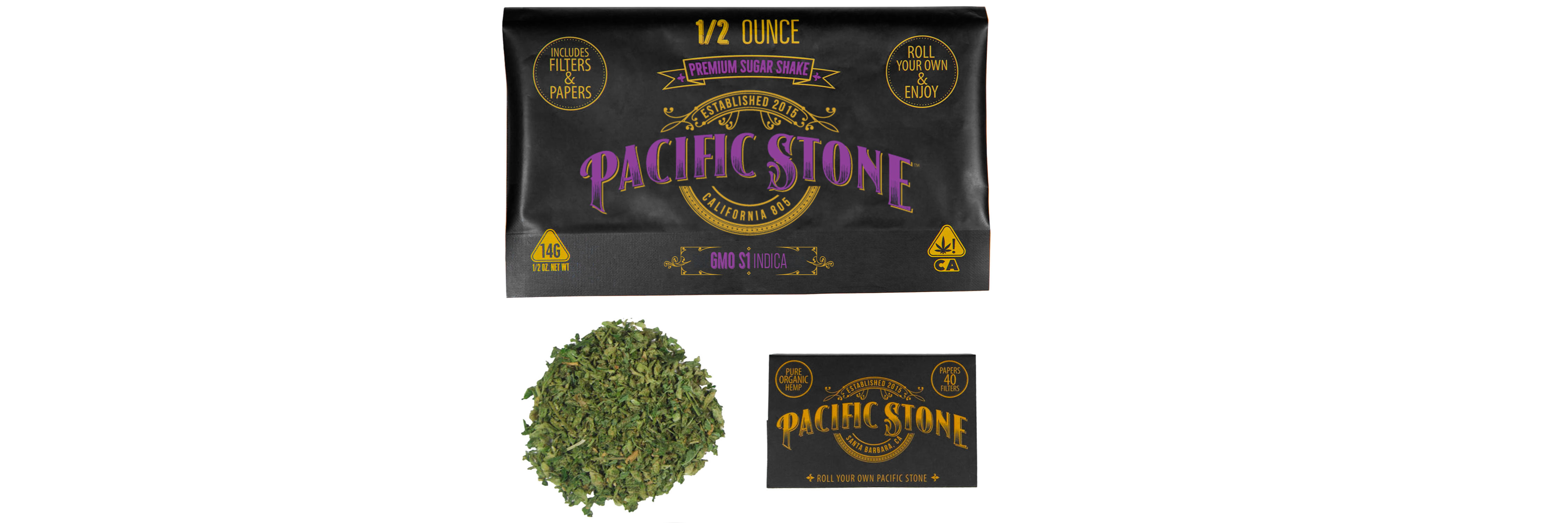 A photograph of Pacific Stone Roll Your Own Sugar Shake 14.0g Pouch Indica GMO