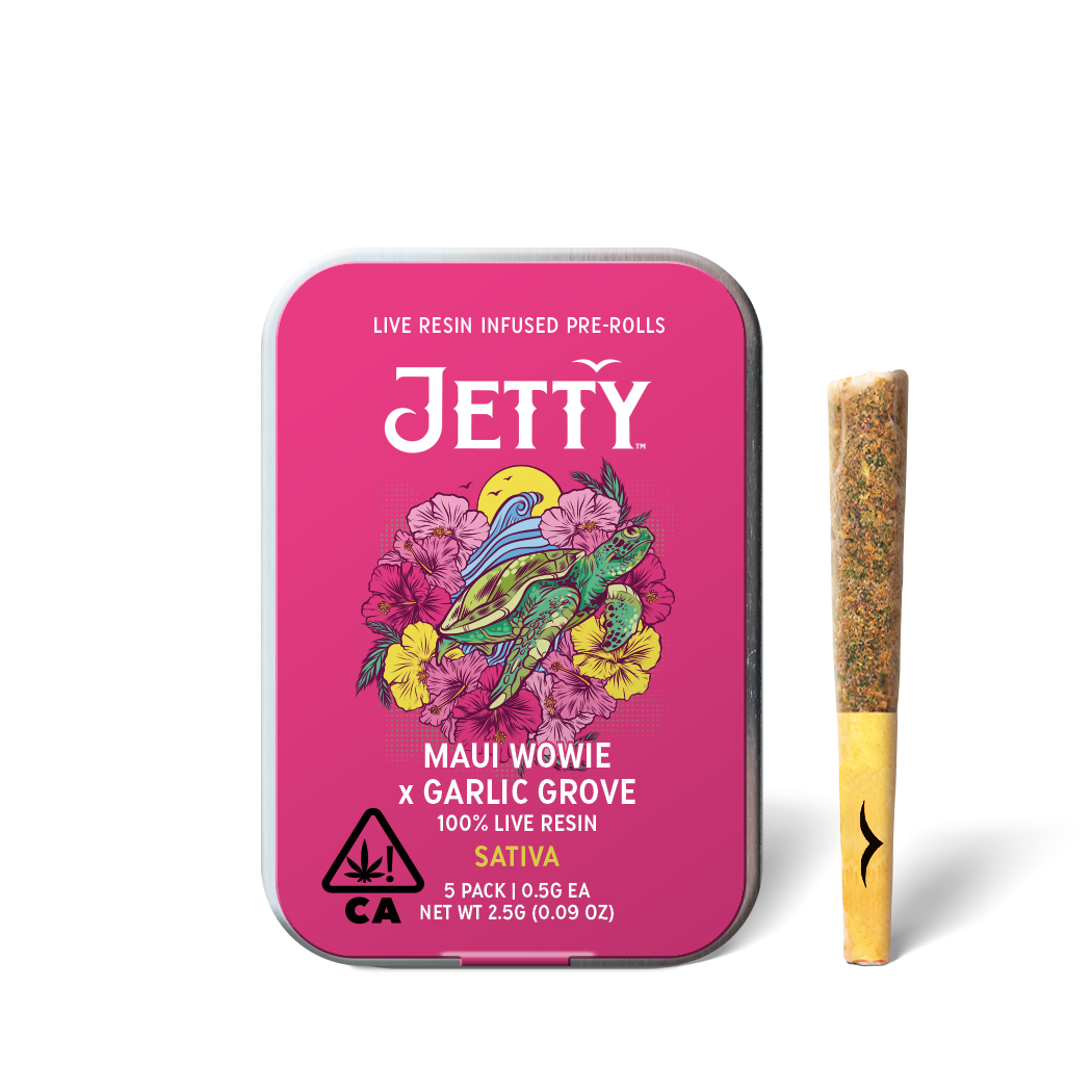 A photograph of Jetty Live Resin Preroll Maui Wowie x Garlic Grove 2.5g - 5pk