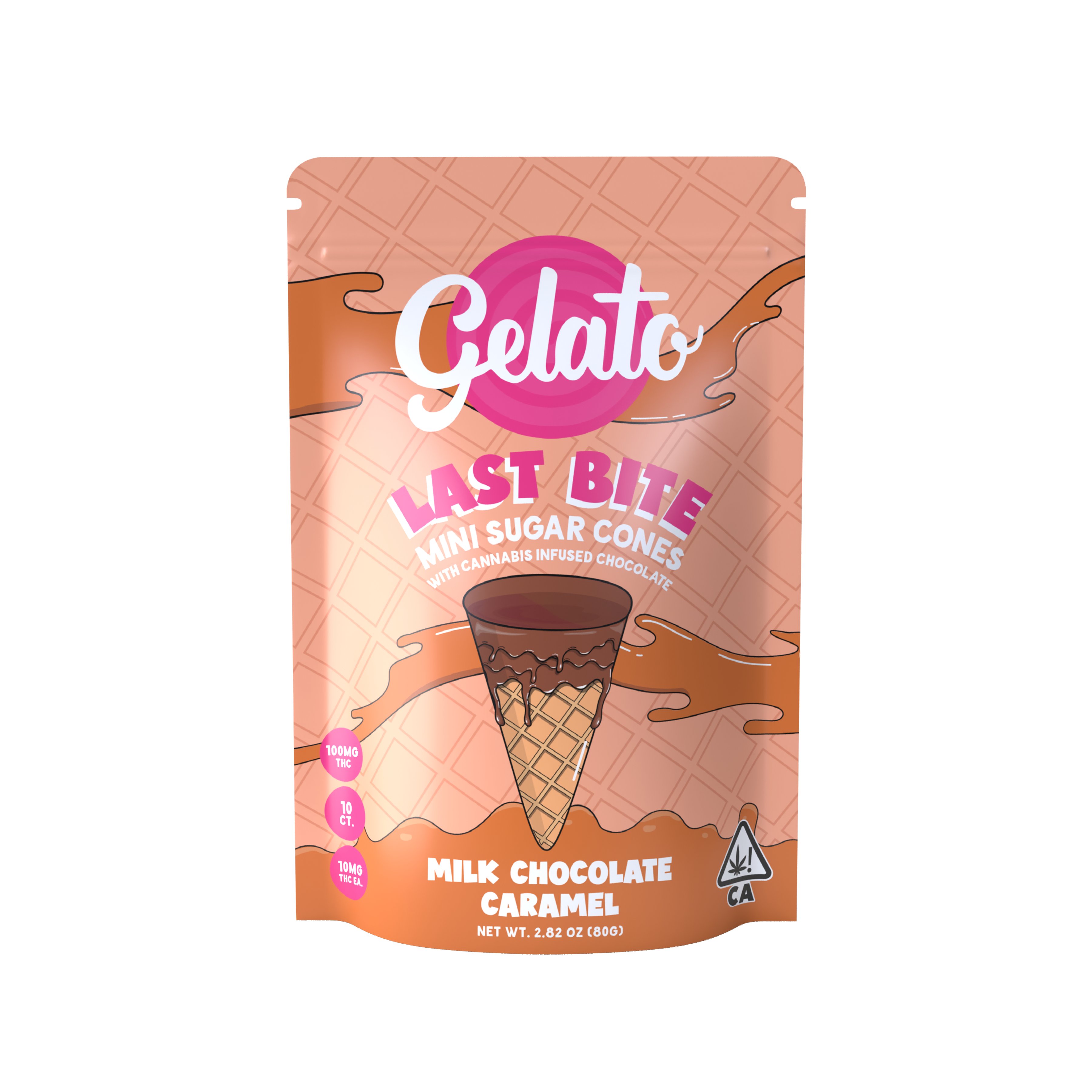 A photograph of Gelato Last Bite 100mg Hyrbid Milk Chocolate Caramel 10pc