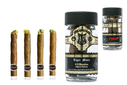 A photograph of El Blunto x Tyson 2.0 Gold Bluntito .75g Hybrid Tiger Mintz 4pk 3g