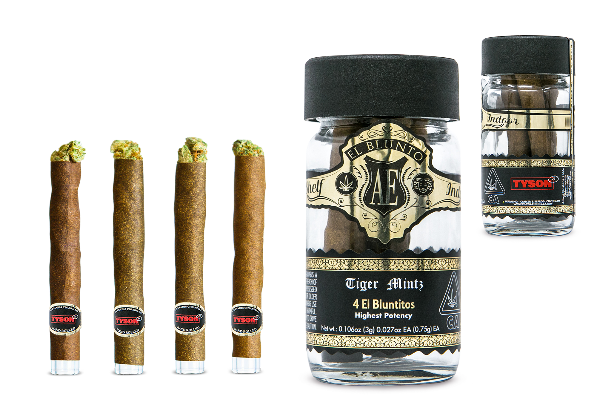 A photograph of El Blunto x Tyson 2.0 Gold Bluntito .75g Hybrid Tiger Mintz 4pk 3g