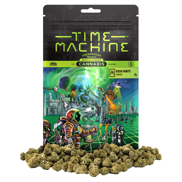 A photograph of Time Machine Flower 28g Hybrid Kush Mints 4ct