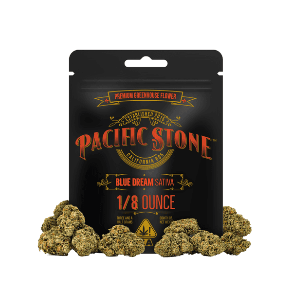 A photograph of Pacific Stone Flower 3.5g Pouch Sativa Blue Dream