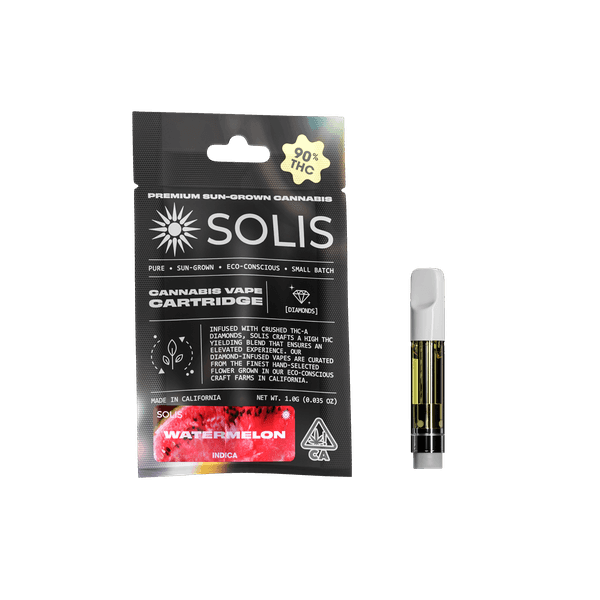 A photograph of Solis Diamond Enhanced Cartridge 1g Indica Watermelon