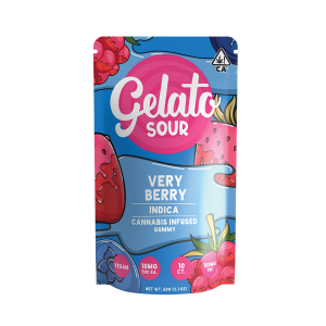 A photograph of Gelato Gummies 100mg Indica Sour Very Berry 10ct