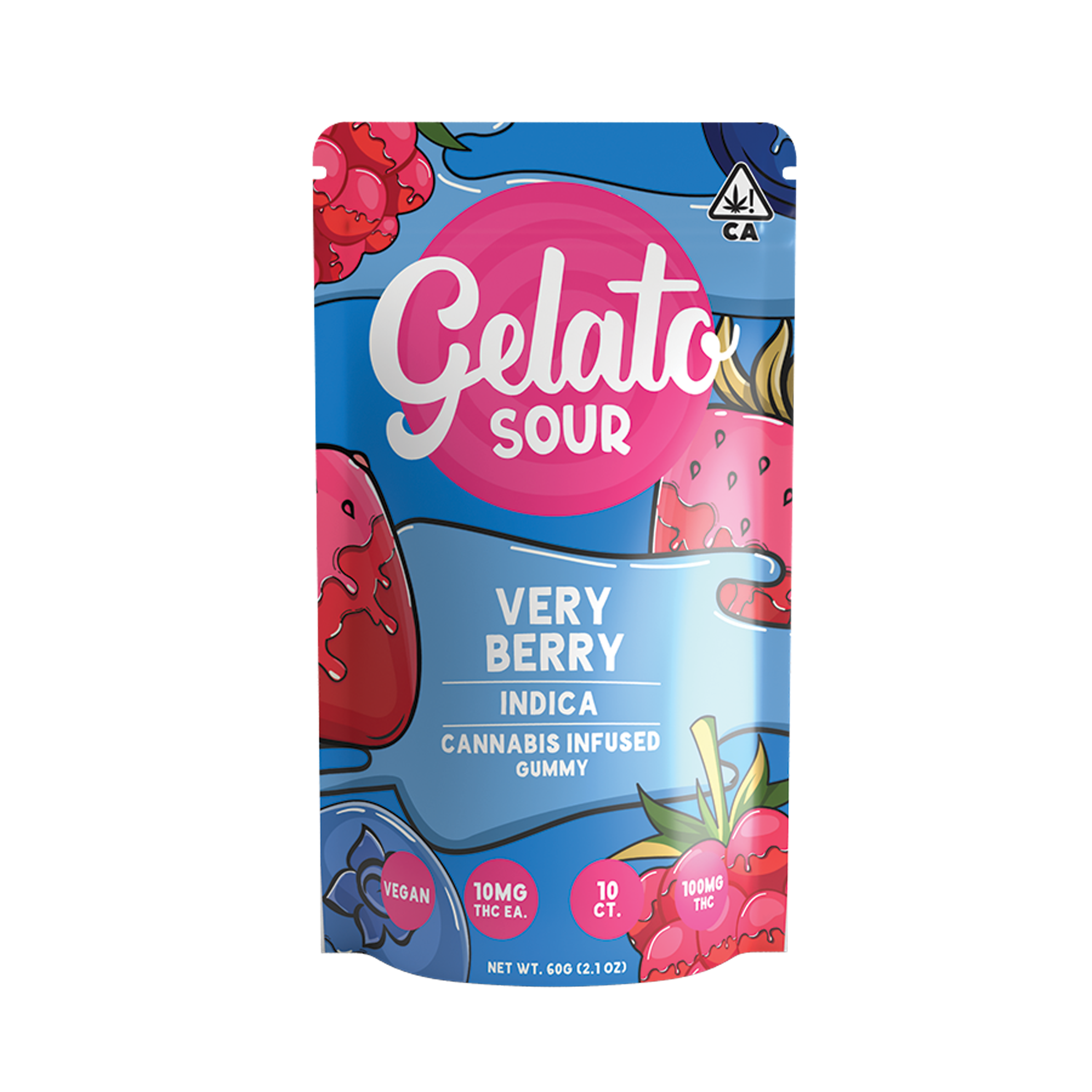 A photograph of Gelato Gummies 100mg Indica Sour Very Berry 10ct