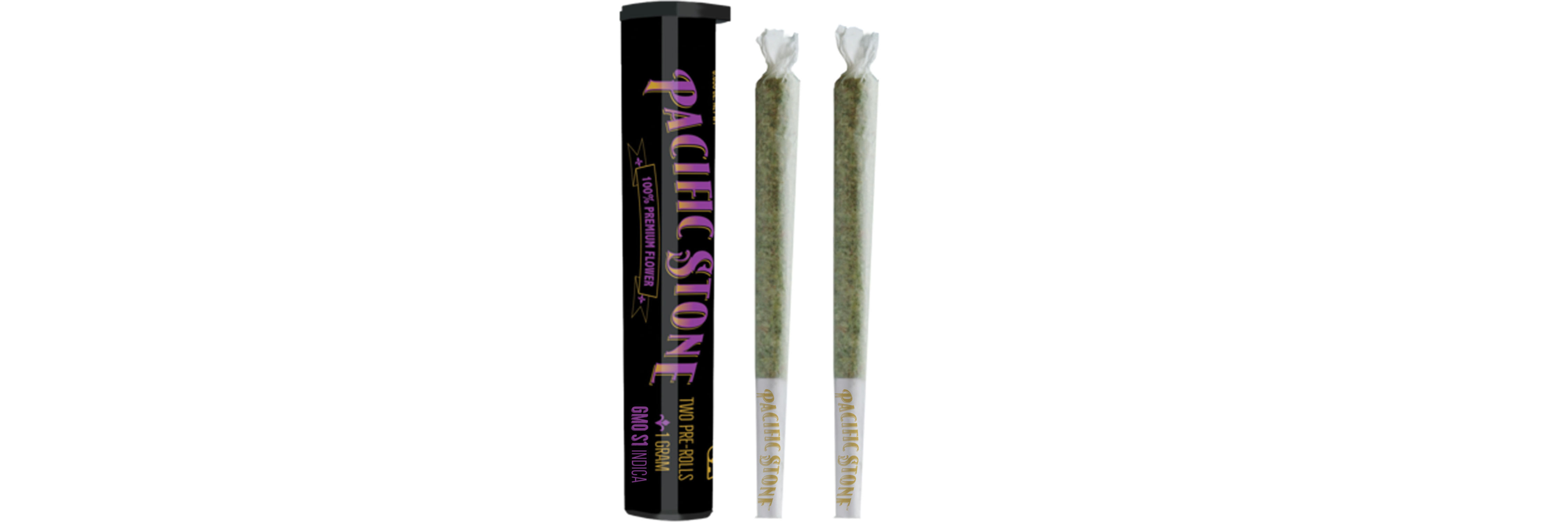 A photograph of Pacific Stone Preroll 0.5g Indica GMO 2-Pack 1.0g
