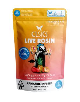 A photograph of CLSICS Live Rosin Gummies Indica CBN Sherbet Variety Pack