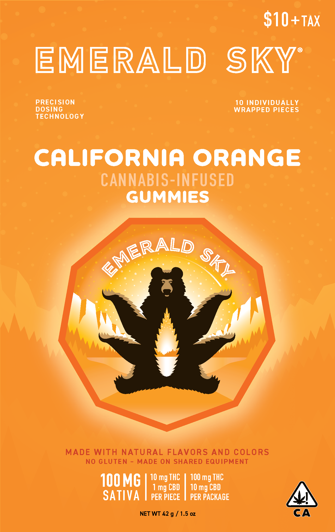A photograph of Emerald Sky Gummies 10ct 100mg Sativa California Orange (New Package)