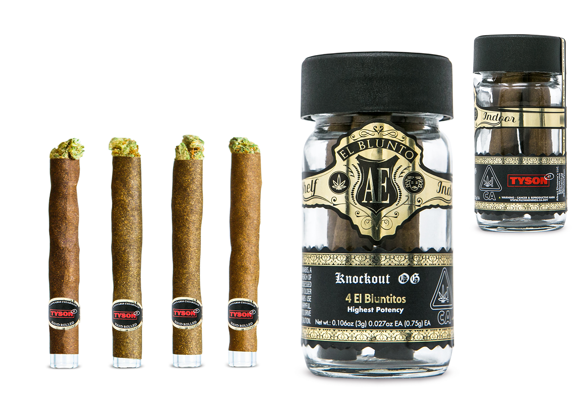 A photograph of El Blunto x Tyson 2.0 Gold Bluntito .75g Indica Knockout OG 4pk 3g