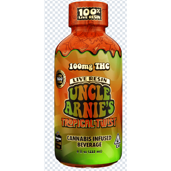 A photograph of Uncle Arnie's Beverage 8oz 100% Live Resin Tropical Twist 100mg