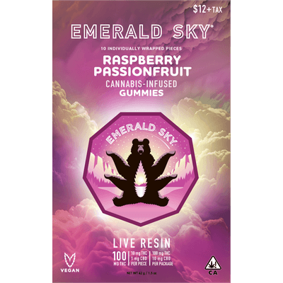Emerald Sky Live Resin Gummies 10pk 100mg Raspberry Passionfruit
