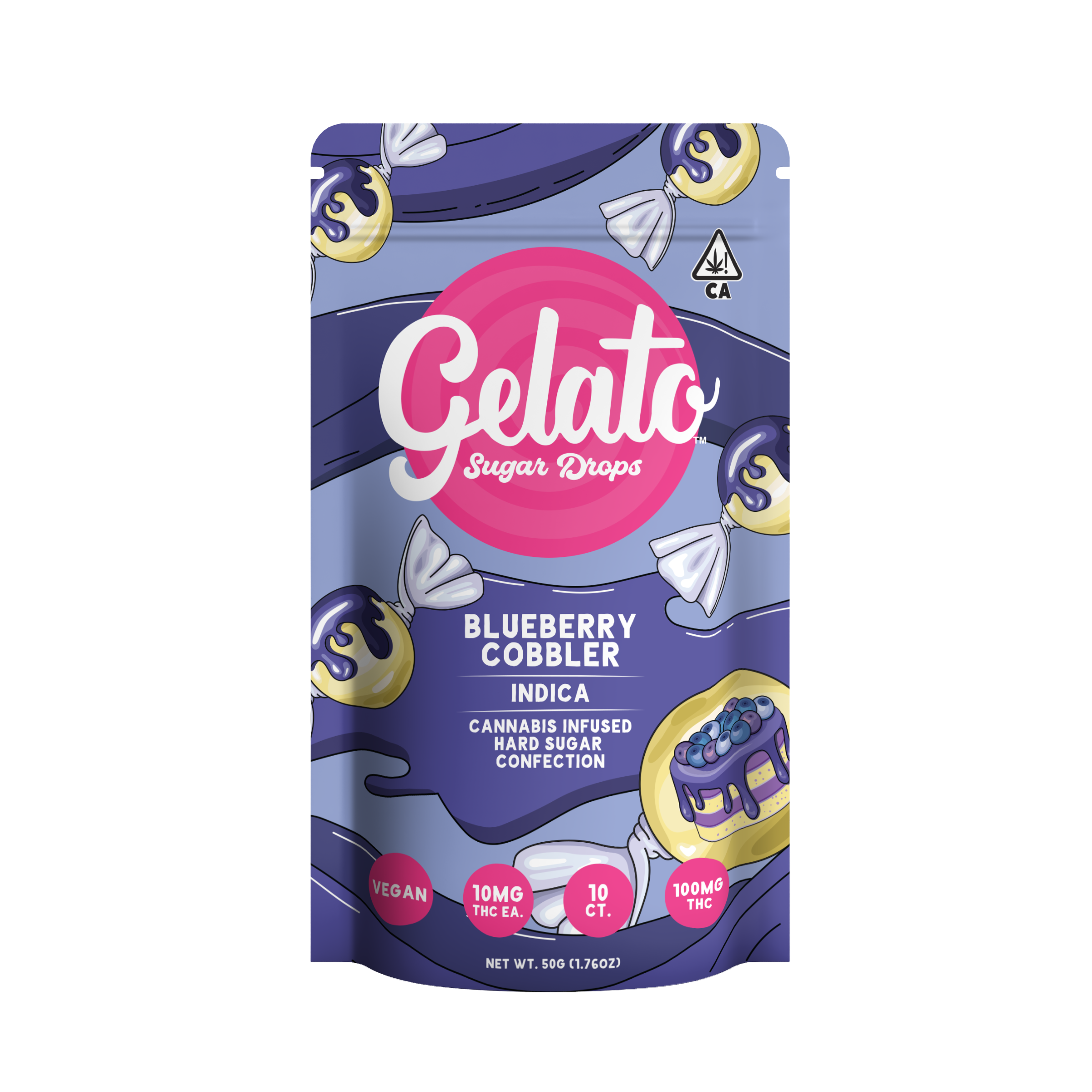 A photograph of Gelato Sugar Drops 100mg Indica Blueberry Cobbler 10pc