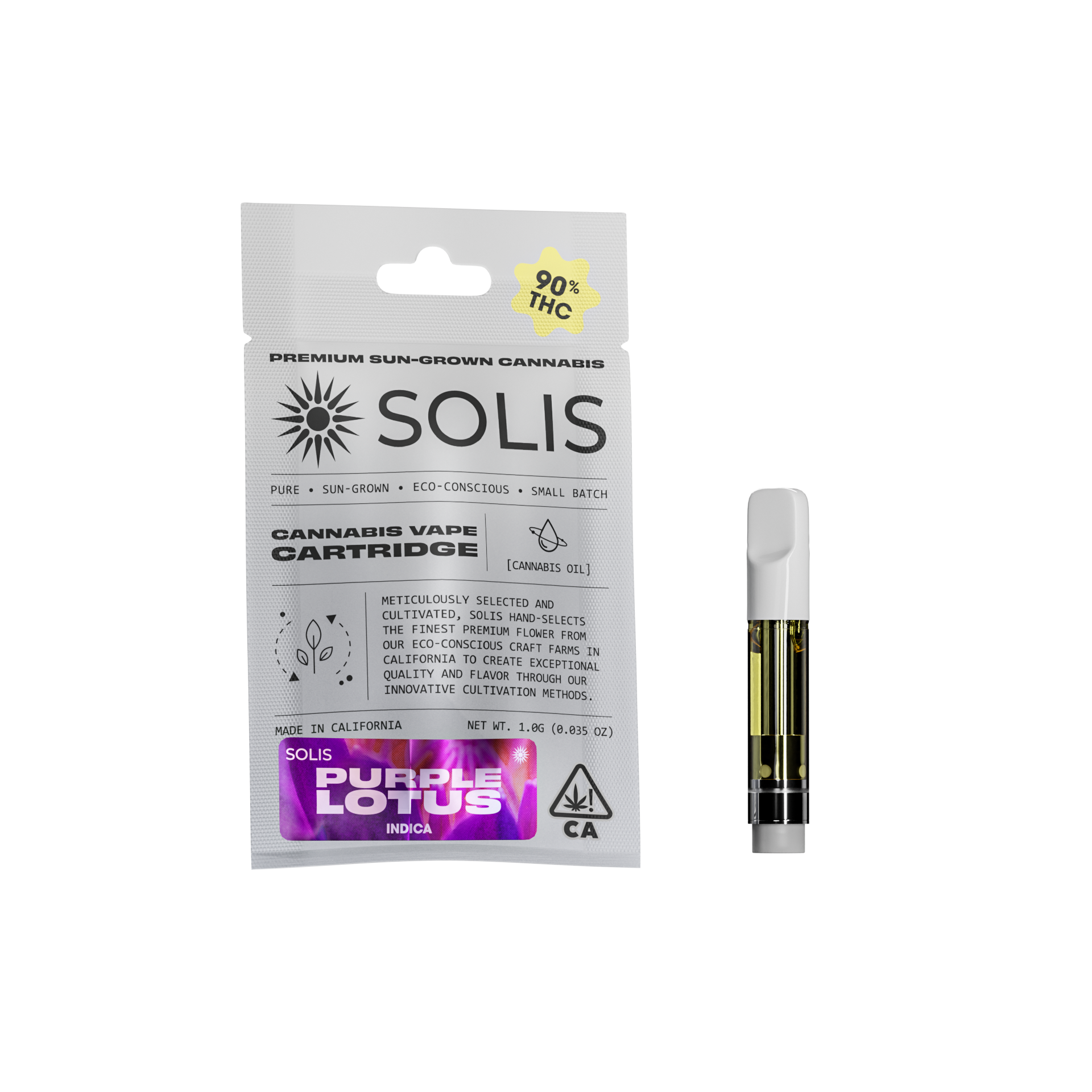 A photograph of Solis Cartridge 1g Indica Purple Lotus