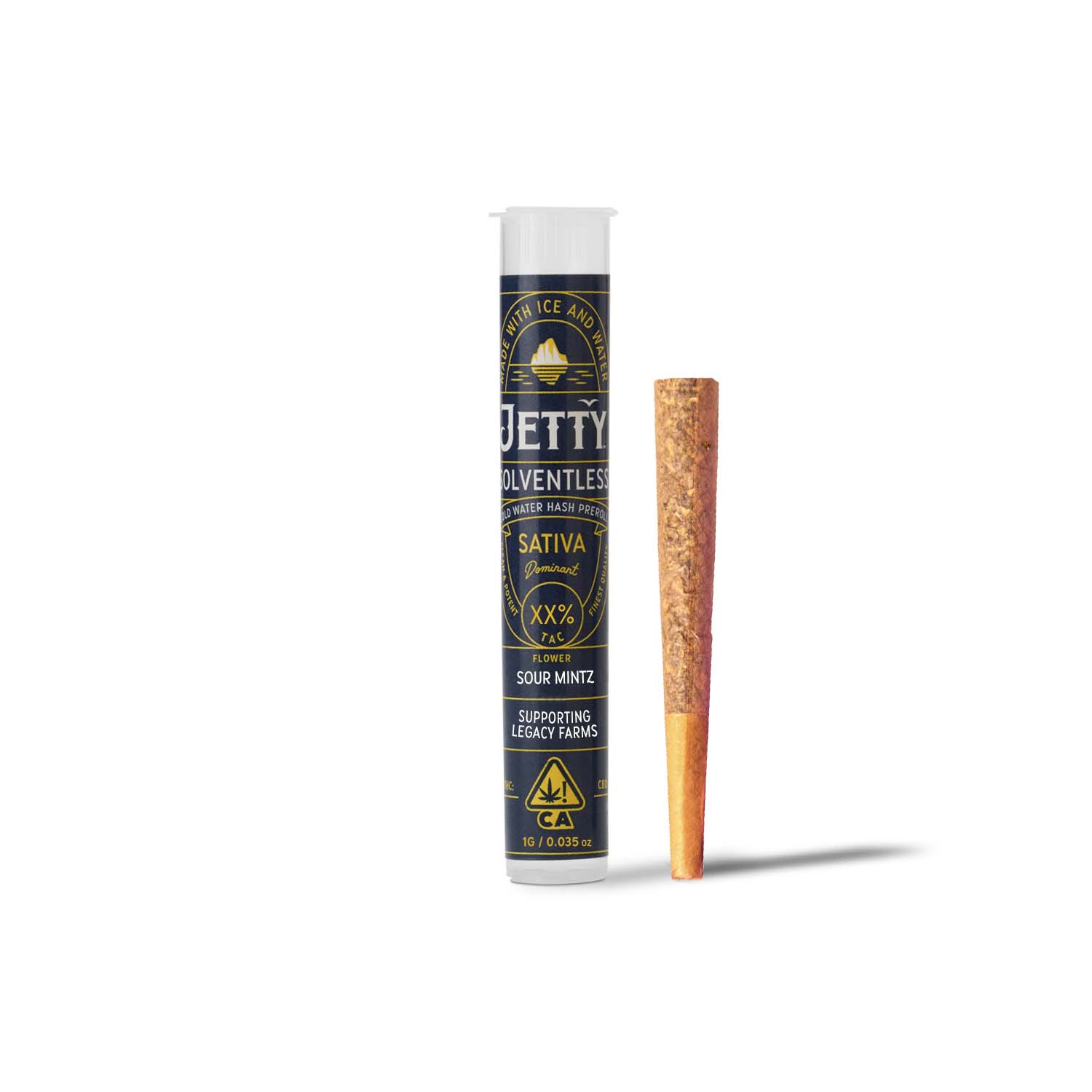 A photograph of Jetty 1g Solventless Preroll Sour Mintz