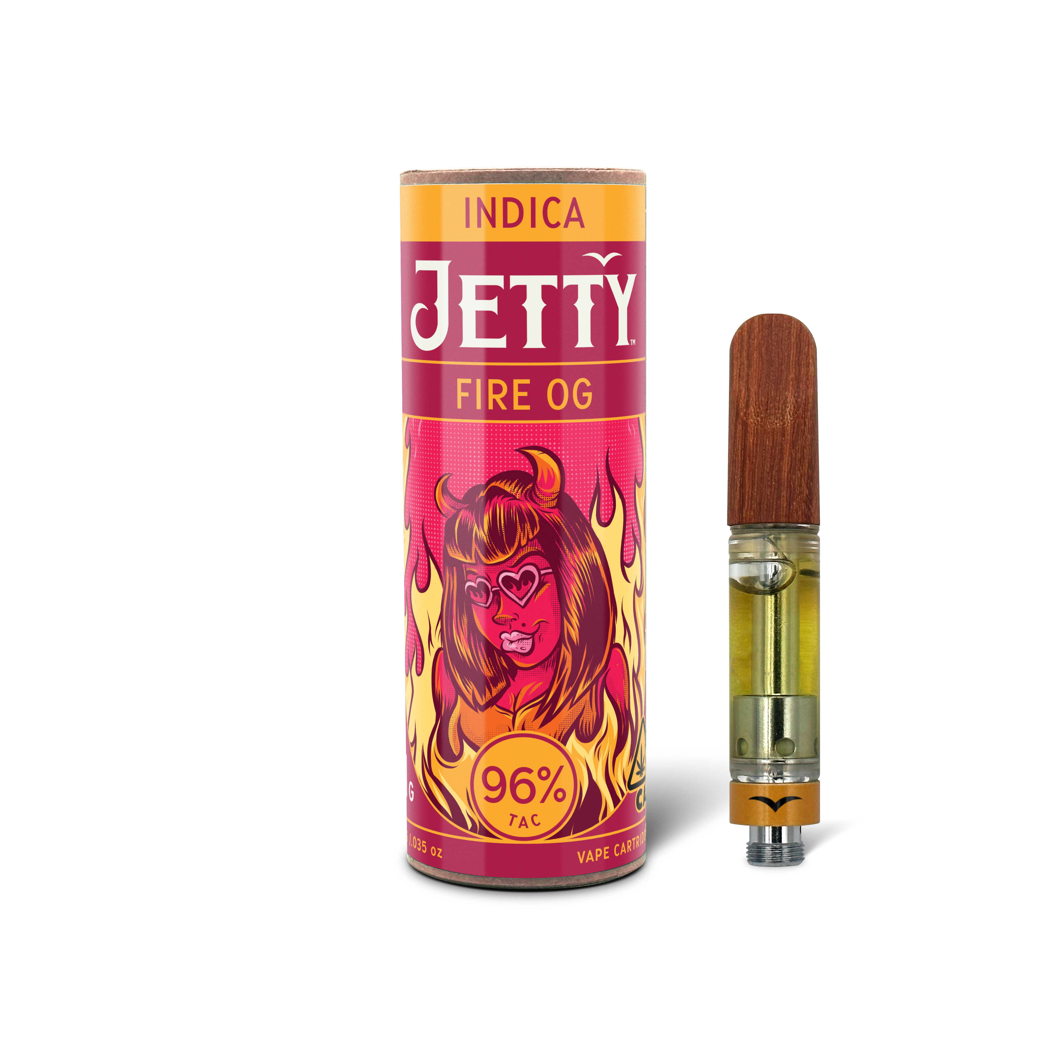 A photograph of Jetty Cartridge High THC 0.5g Fire OG