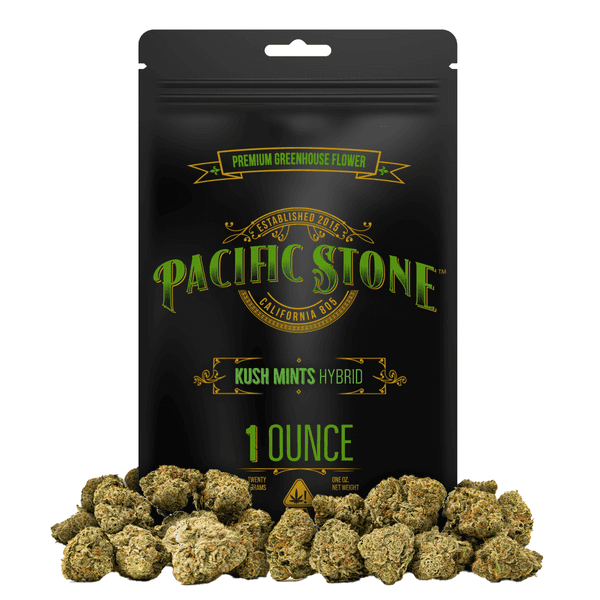 A photograph of Pacific Stone Flower 28.0g Pouch Hybrid Kush Mints 4ct