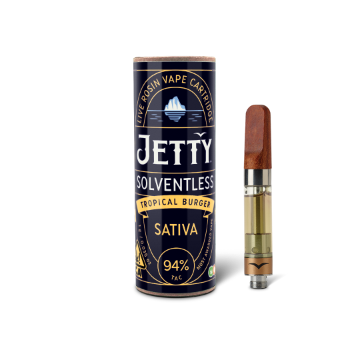 A photograph of Jetty Cartridge OCAL 1g Solventless Tropical Burger