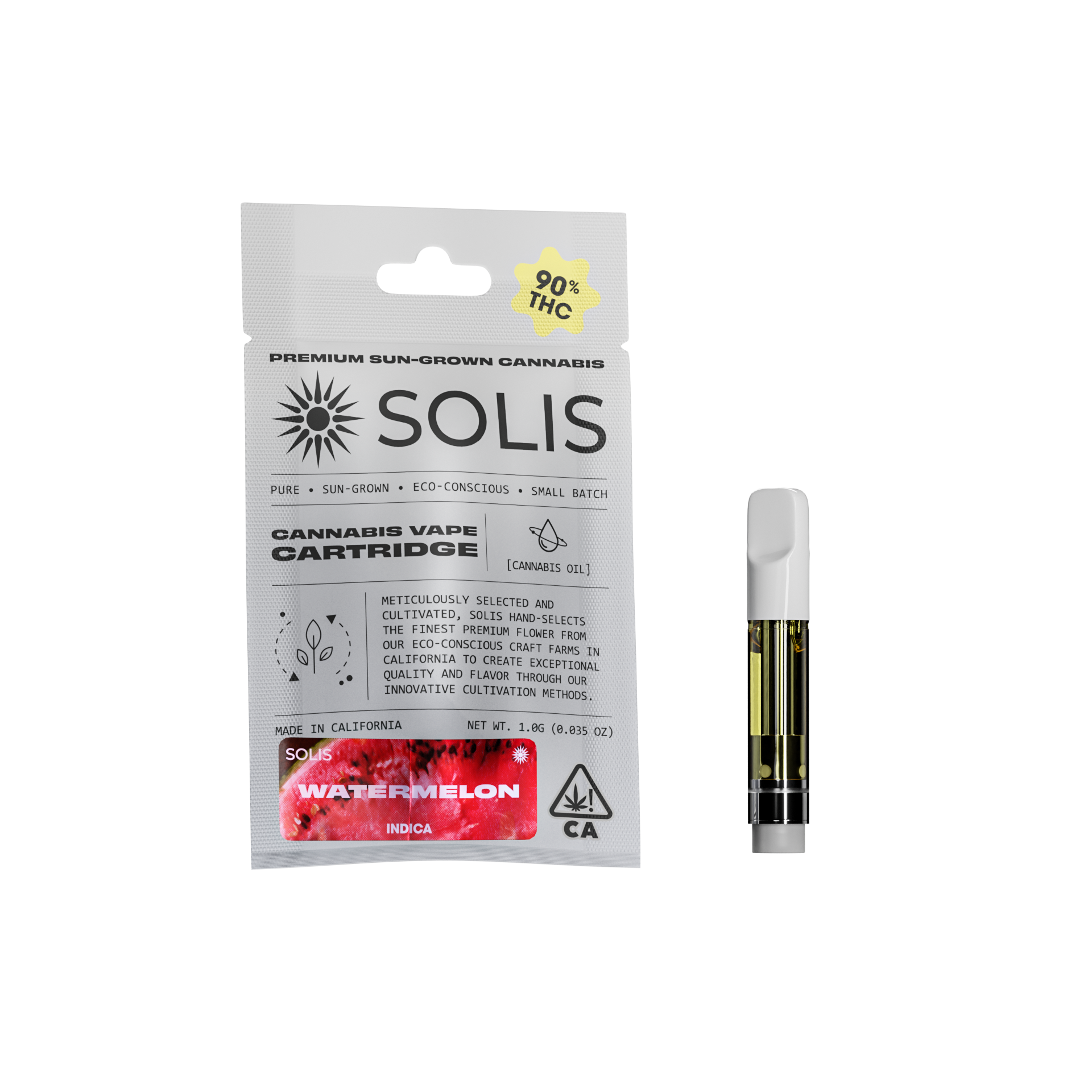 A photograph of Solis Cartridge 1g Indica Watermelon