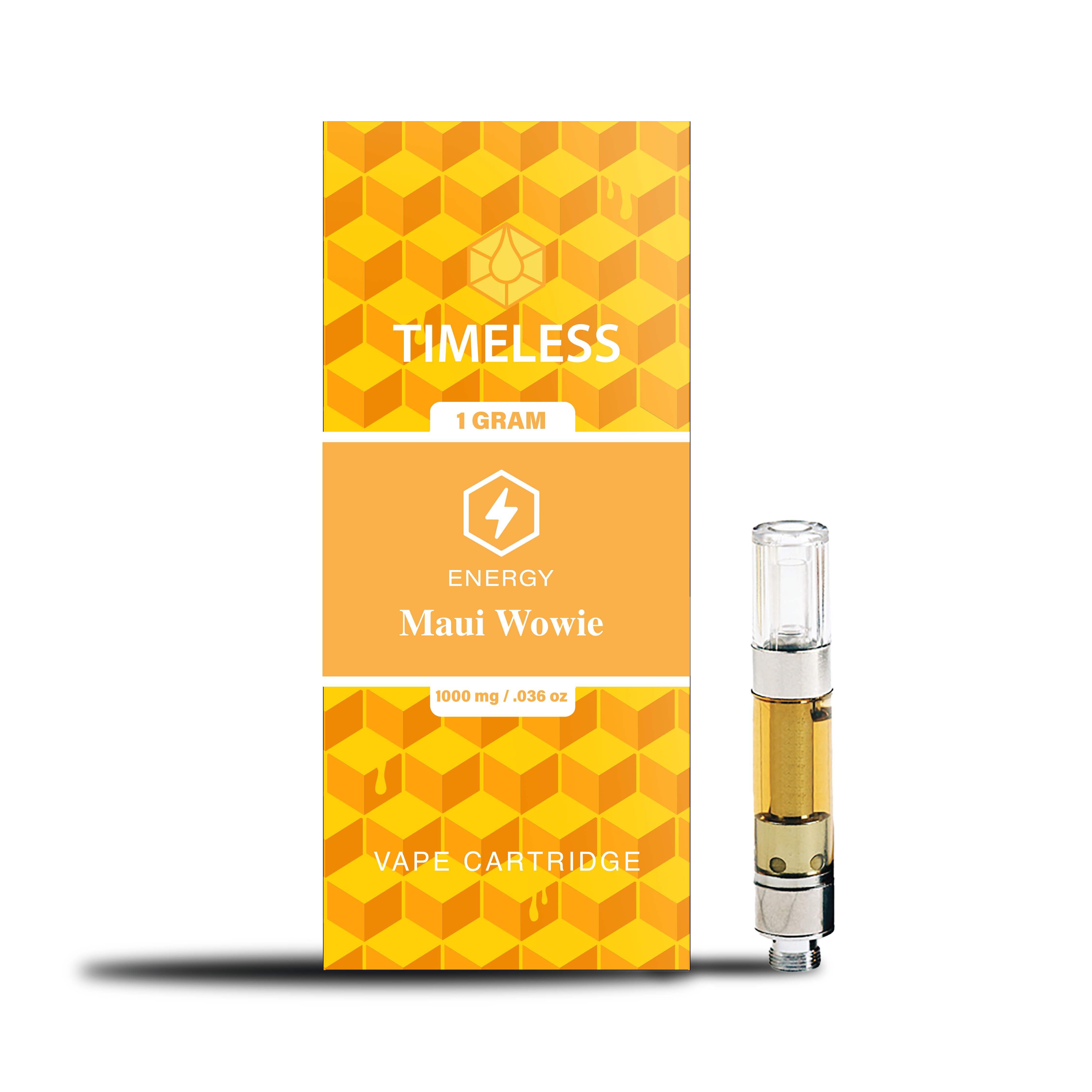 A photograph of Timeless Cartridge Energy 1g Sativa Maui Wowie