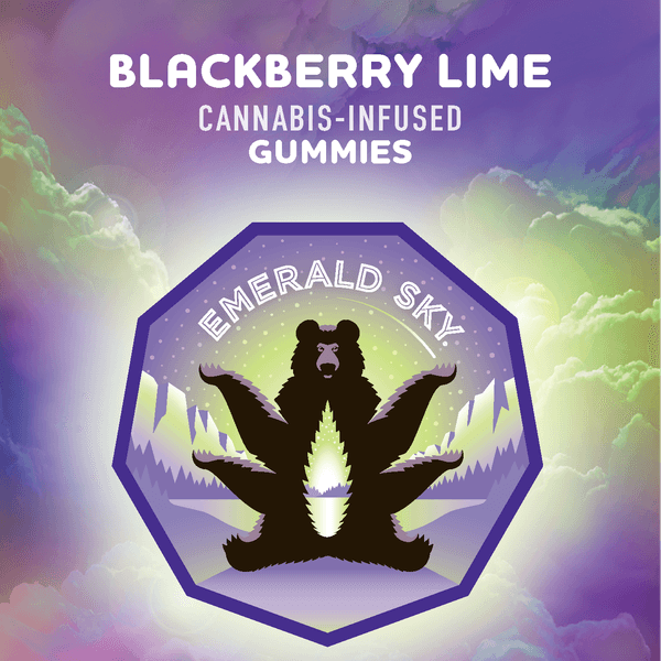 A photograph of Emerald Sky LR Gummies 10ct 100mg Indica Blackberry Lime