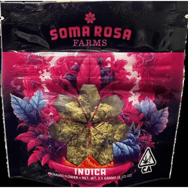 A photograph of Soma Rosa Flower 3.5g Indica Rainbow Sherbet x Pink Guava