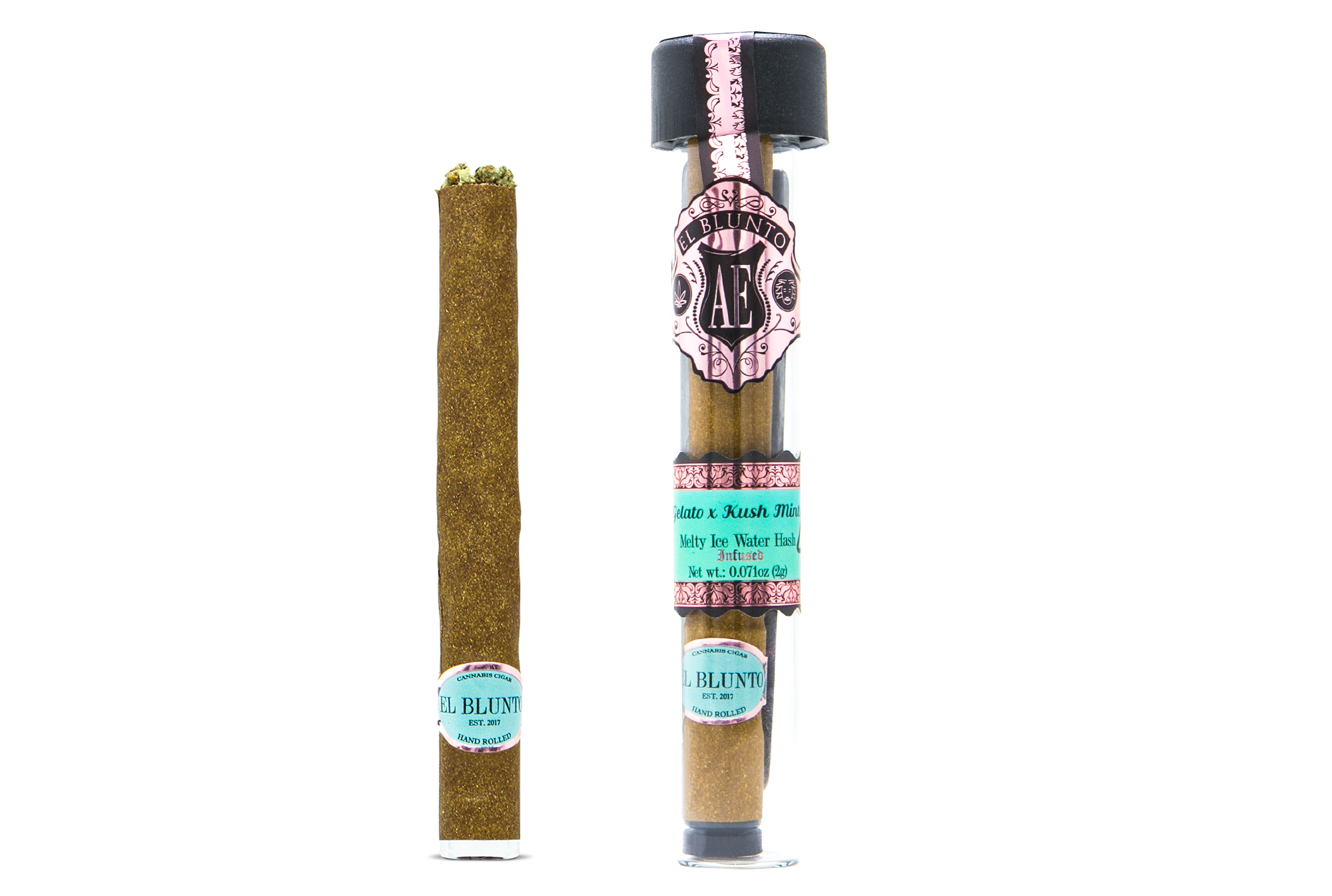 A photograph of AE ROSE GOLD El Blunto Hash Infused Indica Gelato x Kush Mints 2g