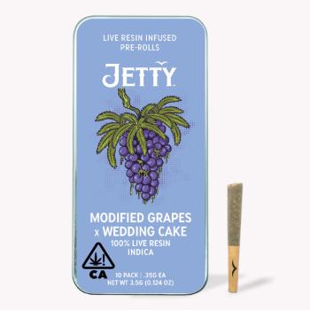 A photograph of Jetty Live Resin Preroll Modified Grapes x Wedding Cake 10pk