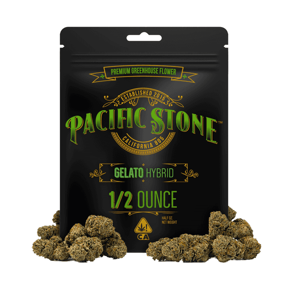 A photograph of Pacific Stone Flower 14.0g Pouch Hybrid Gelato 8ct