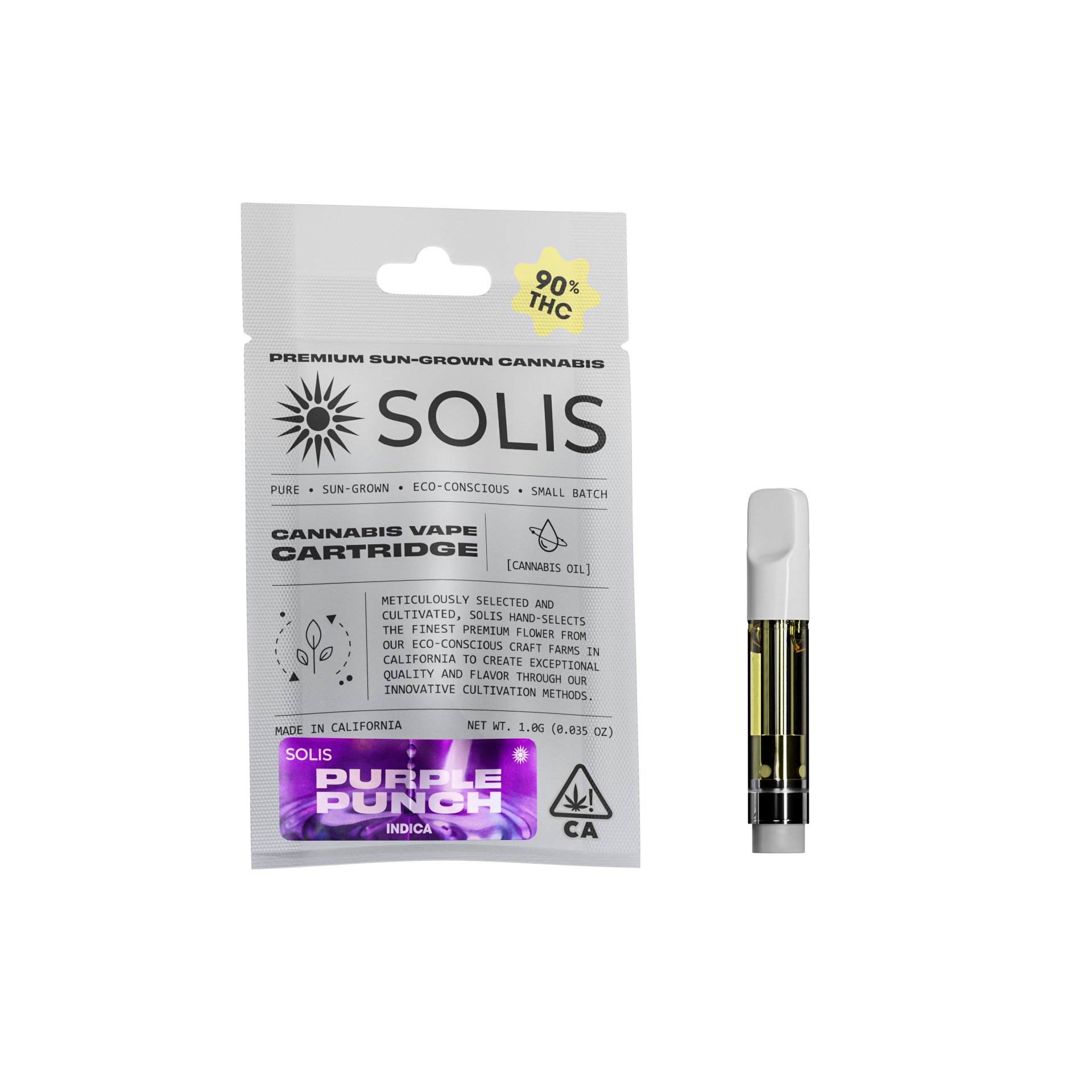 A photograph of Solis Cartridge 1g Indica Purple Punch