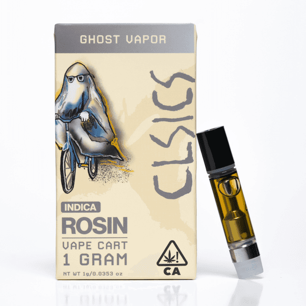 A photograph of CLSICS Live Rosin Cartridge 1g Indica Ghost Vapor