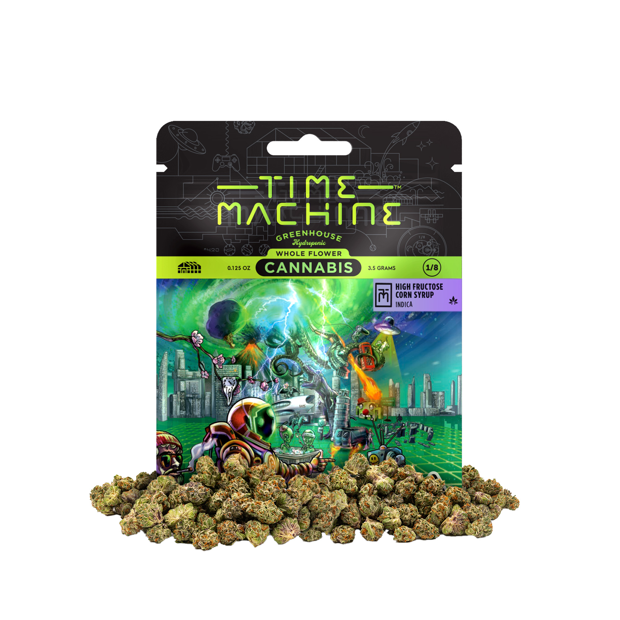 A photograph of Time Machine Flower 3.5g Indica High Fructose Corn Syrup