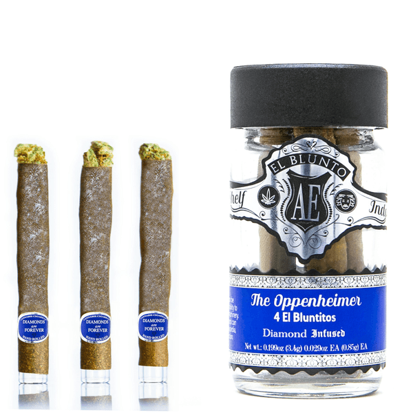 A photograph of El Blunto Platium Diamond Bluntito .75g Indica The Oppenheimer 4pk 3.4g