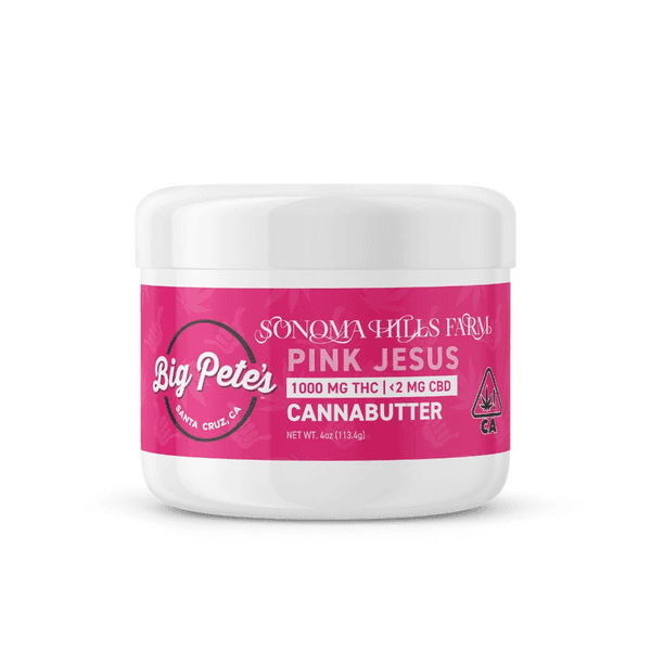 A photograph of Big Pete's Cannabutter Pink Jesus Jar 1,000mg THC