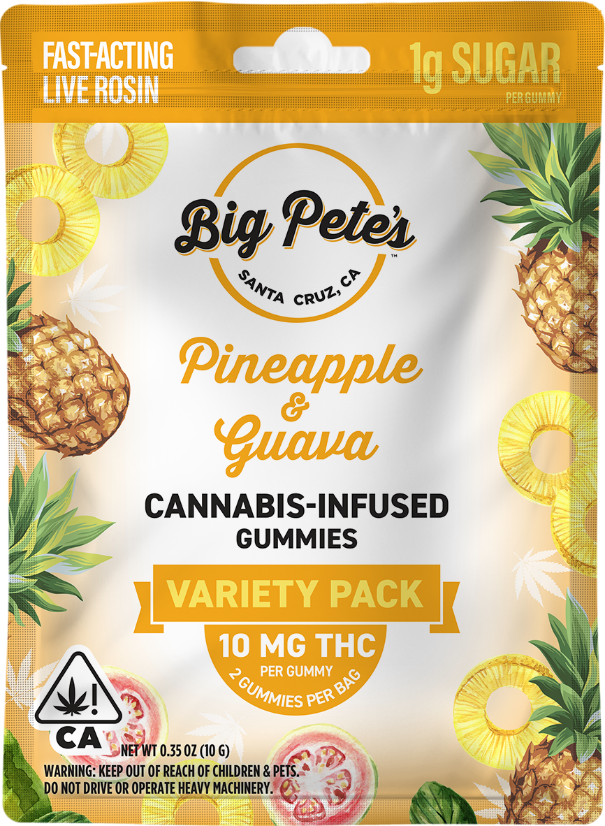 A photograph of Big Pete's Gummies Rosin Fast-Acting Sativa Pineapple & Guava 20mg 2pk