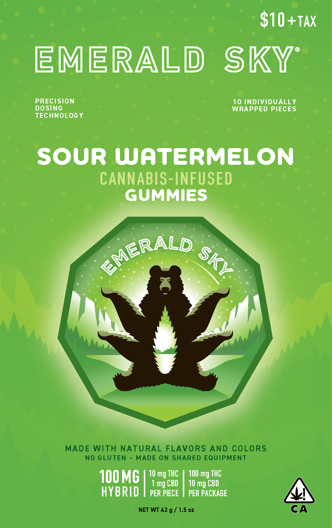 A photograph of Emerald Sky Gummies 10ct 100mg Hybrid Sour Watermelon (New Package)