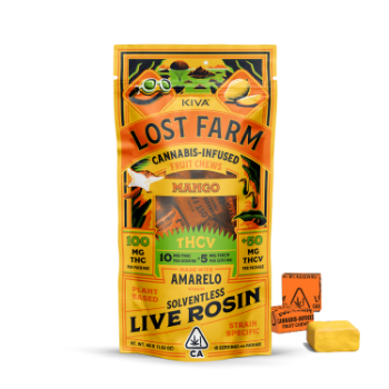 A photograph of Lost Farm Chews Mango Amarelo Rosin THCv 10:5