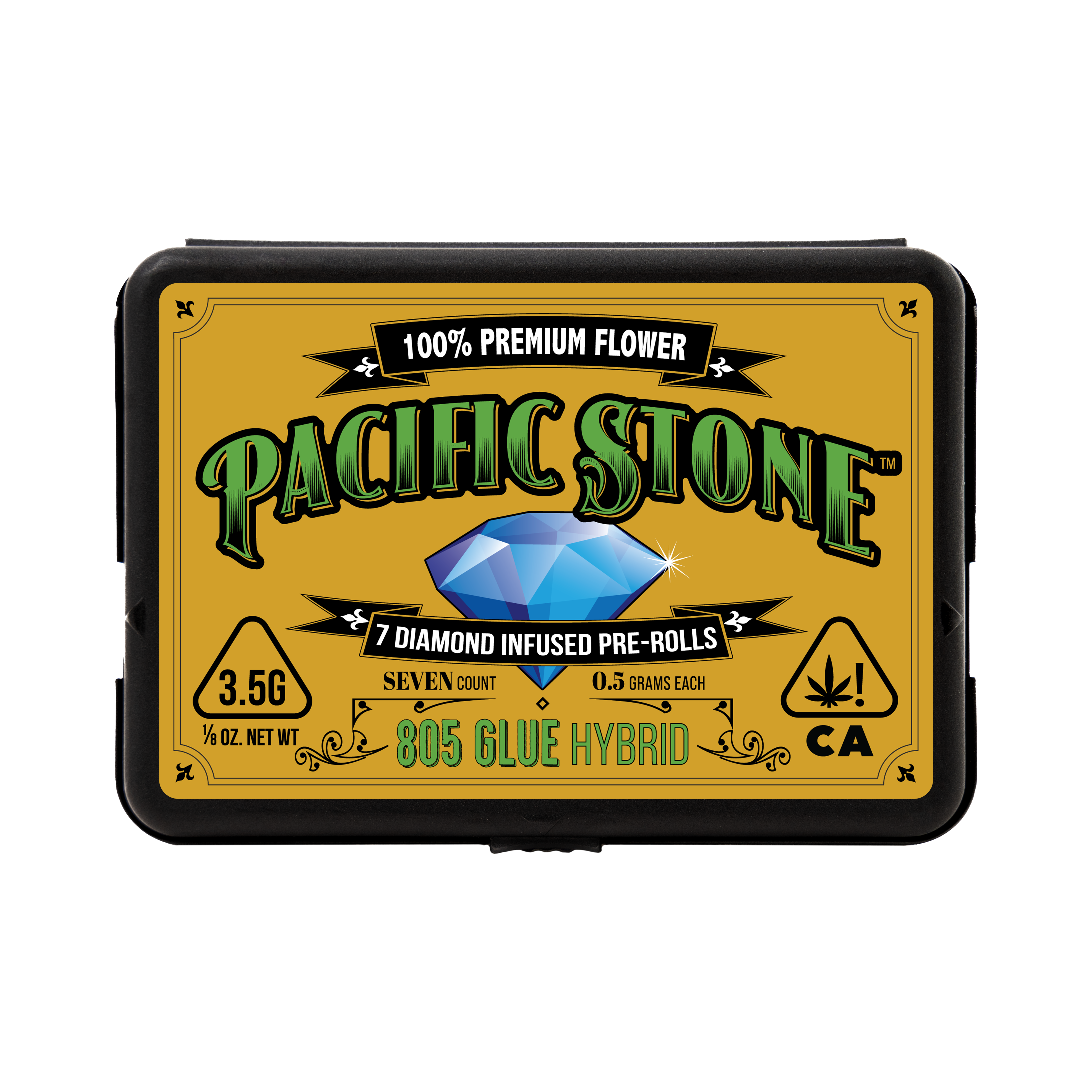 A photograph of Pacific Stone Diamond Infused Prerolls 0.5g Hybrid 805 Glue 7-Pack 3.5g