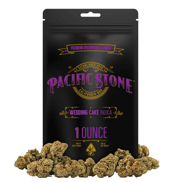 A photograph of Pacific Stone Flower 28.0g Pouch Indica Wedding Cake 4ct