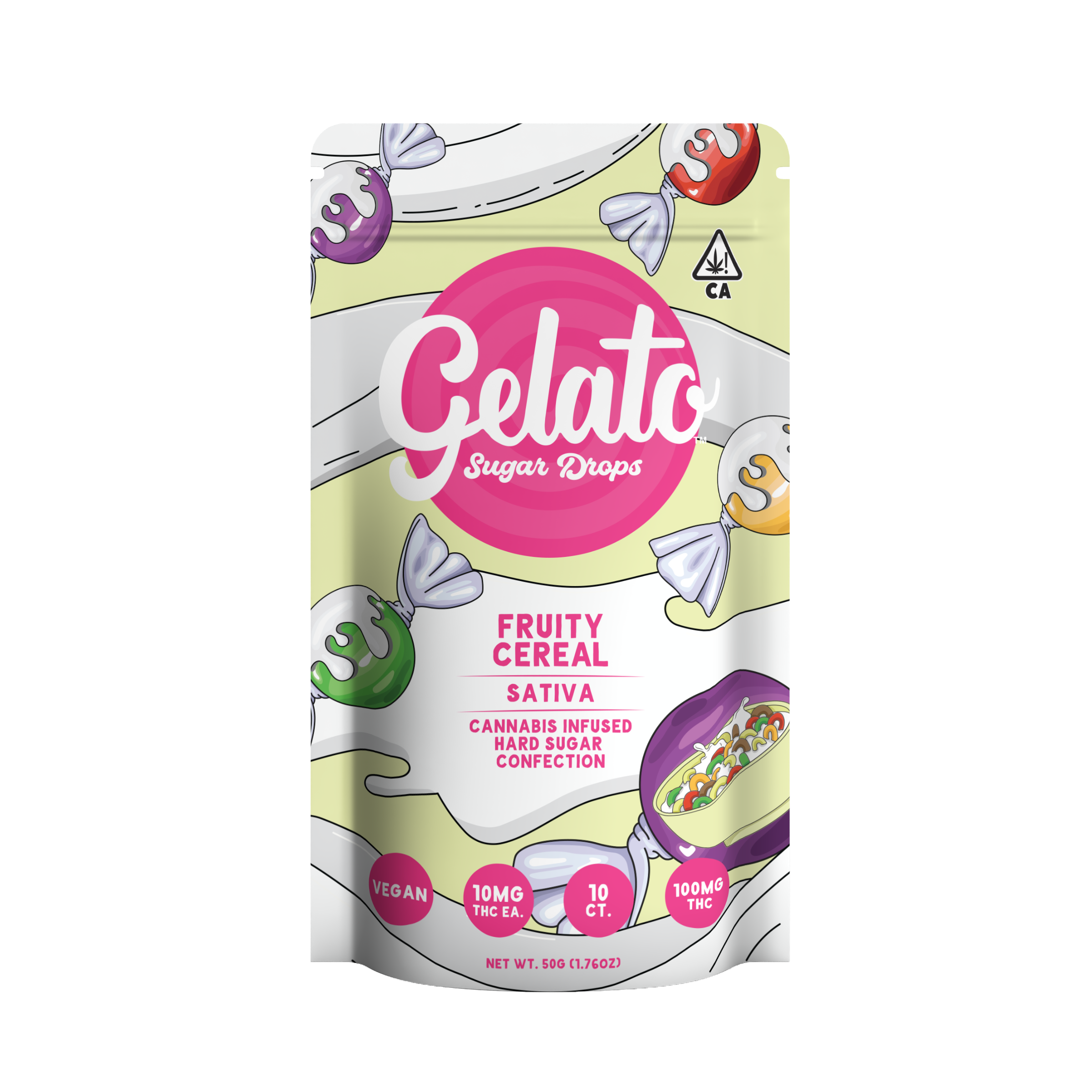 A photograph of Gelato Sugar Drops 100mg Sativa Fruity Cereal 10pc