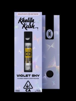 A photograph of Khalifa Kush Cured Resin Sauce Cart 1g Hybrid Violet Sky