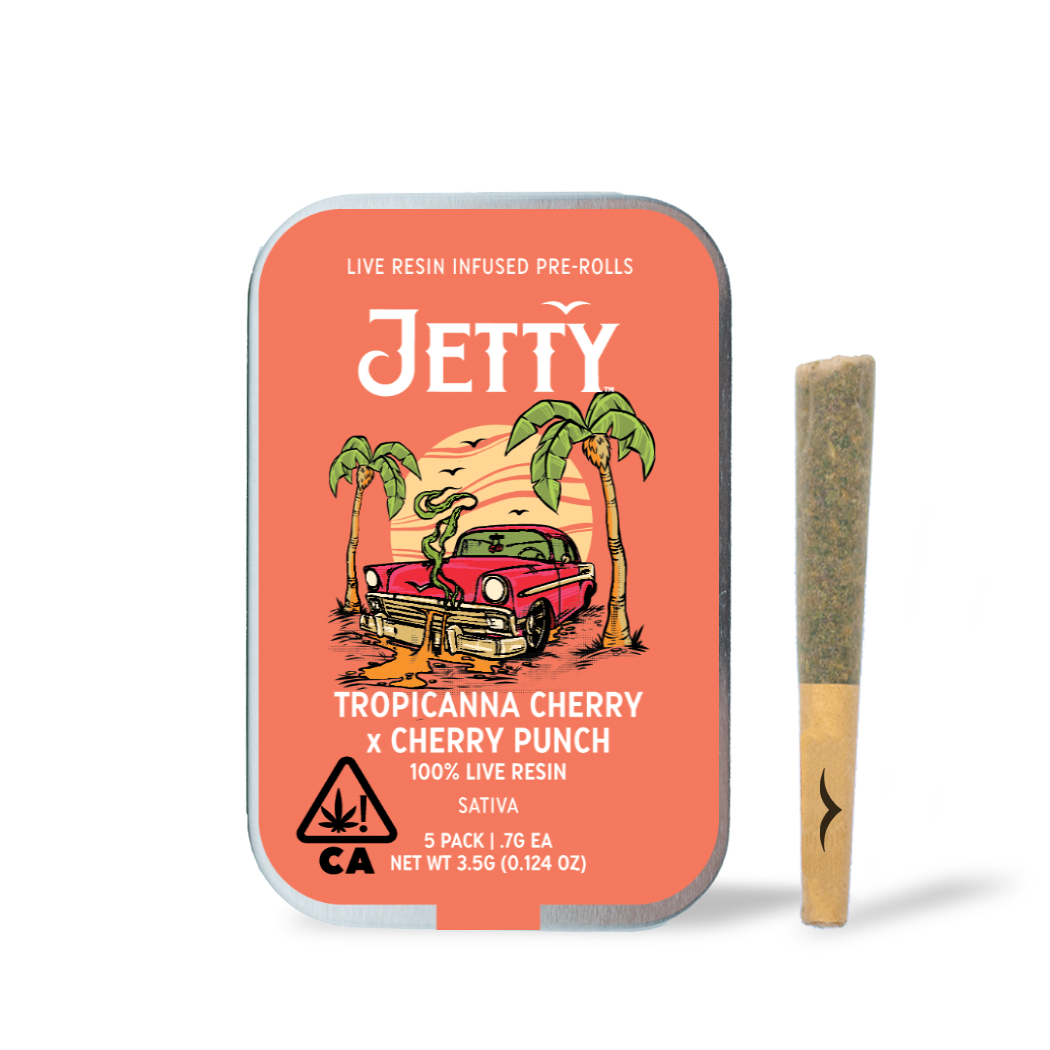 A photograph of Jetty Live Resin Preroll Tropicanna Cherry x Cherry Punch 5pk
