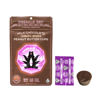 A photograph of Emerald Sky Peanut Butter Cups 10ct 100mg Indica Milk Chocolate