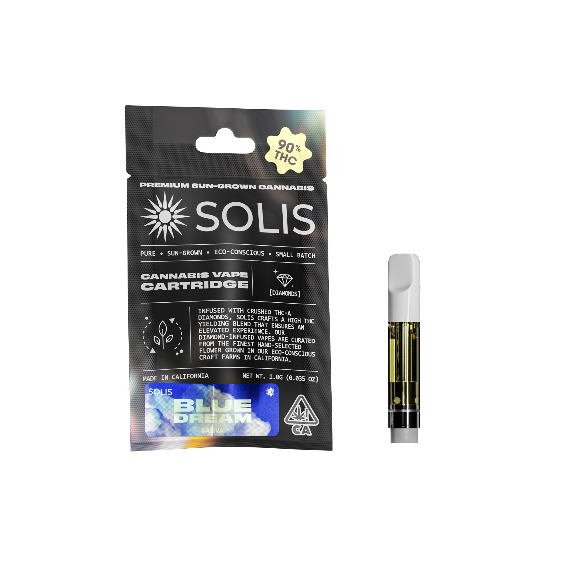 A photograph of Solis Diamond Enhanced Cartridge 1g Sativa Blue Dream