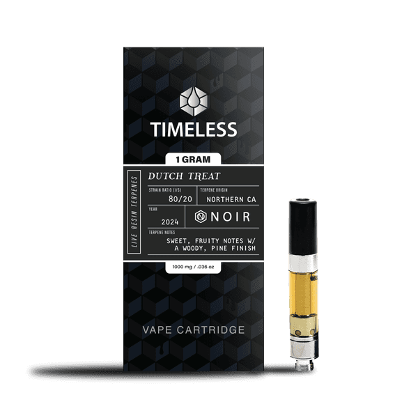 A photograph of Timeless Cartridge Noir 1g Indica Dutch Treat