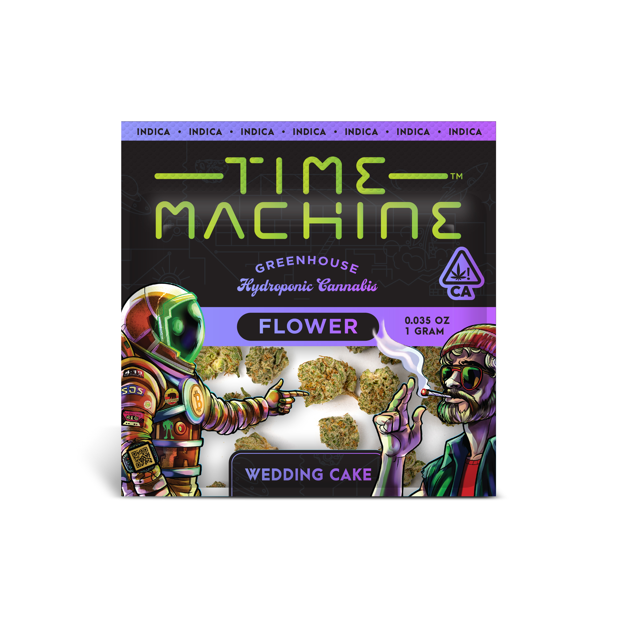 A photograph of Time Machine Flower 1.0g Indica Wedding Cake