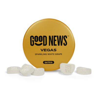 A photograph of Good News Sour Vegas Caffeine 100mg, 10pc Tin