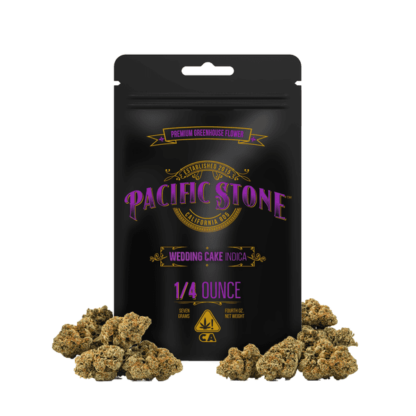 A photograph of Pacific Stone Flower 7.0g Pouch Indica Wedding Cake